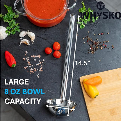 Whysko Soup Ladles Stainless Steel, 3-Pack of 8 oz. Metal Ladle Spoons, Rustproof Heat-Resistant Materials for Cooking and Serving Soups and Sauces, Commercial Grade Kitchen Essentials