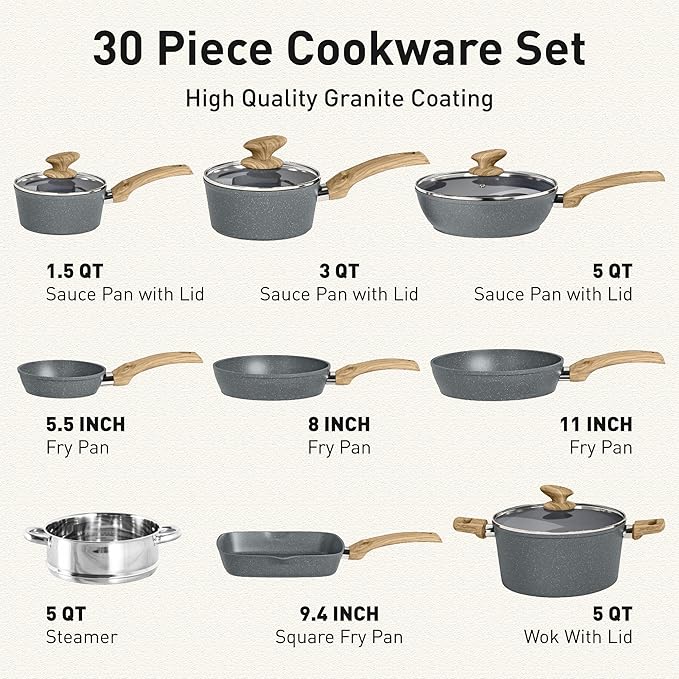 DishDelight Induction Pots and Pans Set Non Stick, 30 Piece Nonstick Kitchen Cookware Sets, Nonstick Granite Cooking Set Induction Pots and Pans, Grey - Image 6