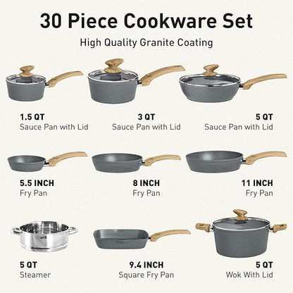 DishDelight Induction Pots and Pans Set Non Stick, 30 Piece Nonstick Kitchen Cookware Sets, Nonstick Granite Cooking Set Induction Pots and Pans, Grey - Image 6