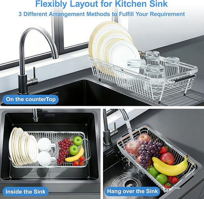 Dish Drying Rack Over The Sink, Stainless Steel Dish Racks for Kitchen Counter, Expandable Drainer for Kitchen Sink Organizer, 2-in-1 Extend Drain Basket and Plates Holder for Utensil Storage