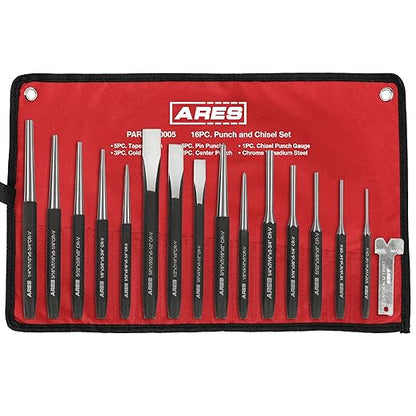 ARES 50005-16-Piece Punch and Chisel Set - Tapered, Pin, Center Punches & Cold Chisels for Various Applications