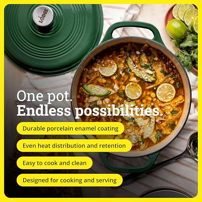 Lodge Essential Enamel Cast Iron Dutch Oven - Perfect for Bread Baking, Braising, Marinating & Slow Cooking - Features Moisture-Sealing Lid & Dual Handles - Kitchen Essentials - 6 Quarts - Evergreen - Image 2