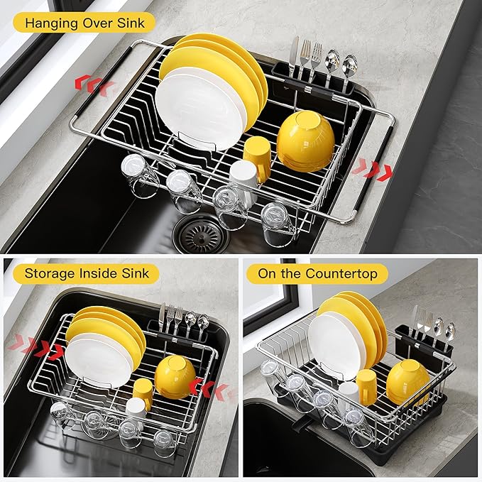 JASIWAY Dish Drying Rack in Sink, Expandable Stainless Steel Dish Drainers with Drainboard for Kitchen Counter, Space Saving Dish Dryer Rack, Over The Sink Dish Racks with Utensil Holder, Sliver - Image 2