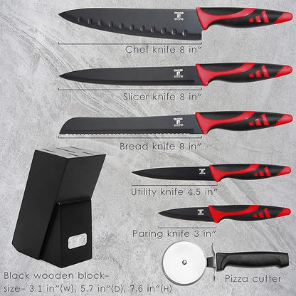 Moss & Stone 7-Piece Kitchen Knife Set with Block – Black Titanium Plated Stainless Steel Kitchen Knives, High Carbon Blades, Compact Cutlery Set for Home Cooking, Small Knife Set Black Wood Block - Image 2