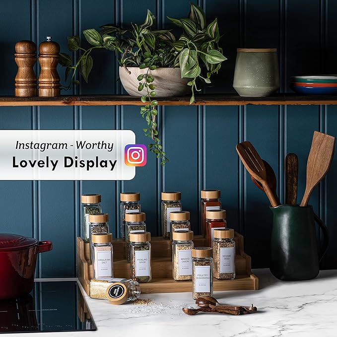 Glass Spice Jars with Label Set, Bamboo Lids & Funnel - Kitchen Airtight Storage Jars with Lids - Spices and Seasonings Sets Organizer, Spice Glass Jar with Lid Food Canister Bottle Sugar Shaker - Image 4