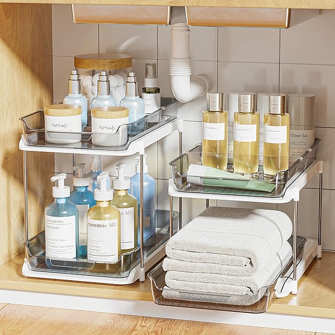 Delamu 2-Tier Multi-Purpose Bathroom Under Sink Organizers and Storage, Stackable Kitchen Pantry Organization, Pull Out Medicine Cabinet Organizer with Movable Dividers, Grey, 4 Pack - Image 8