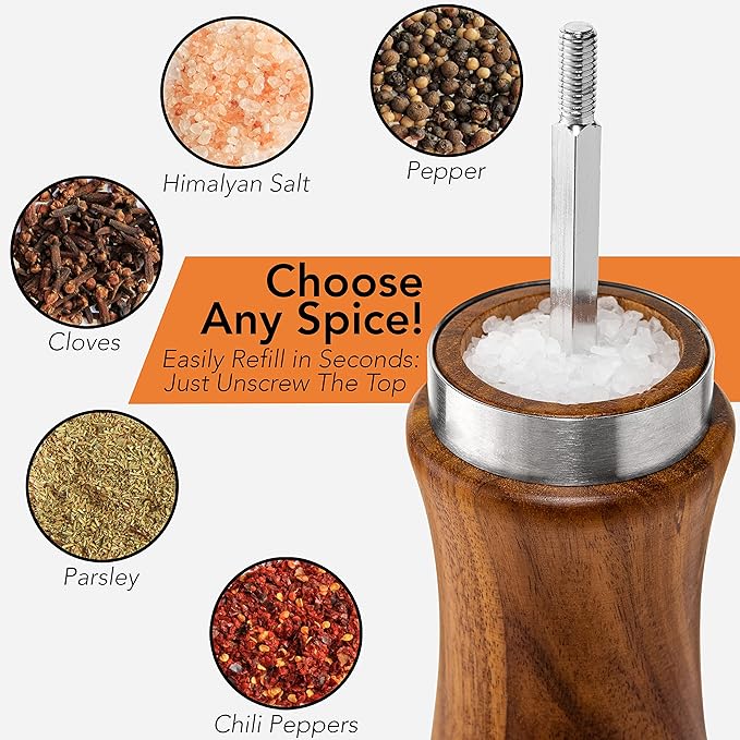 Gennua Kitchen Wooden Salt and Pepper Grinder Set: Refillable Salt & Pepper Mills Adjust for Customized Coarseness, Crafted of Solid Acacia Wood with Ceramic/Stainless Steel Core, 8 Inches Each - Image 4