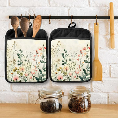 Watercolor Rustic Floral Pot Holders with Pockets, Cottagecore Flower Botanical Oven Pot Holders Heat Resistant Oven Mitts Hot Pads for Kitchen Baking Cooking