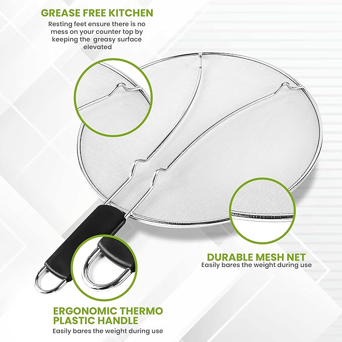 13" Grease Splatter Screen for Cooking | Stainless Steel Oil Splatter Guard and Ultra-Fine Mesh Protects Skin from Burns | TPR Tight-Grip Handle (Black) - Image 4