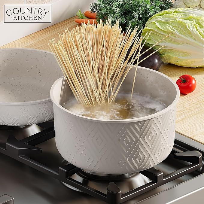 Country Kitchen Cookware Set with Removable Handle, Oven & RV Safe Pots and Pans Set, Cream Rhombus, Original - Image 8