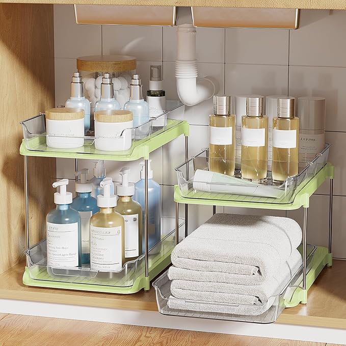 Delamu 2-Tier Multi-Purpose Bathroom Under Sink Organizers and Storage, Stackable Kitchen Pantry Organization, Pull Out Medicine Cabinet Organizer with Movable Dividers, Green, 2 Pack - Image 6