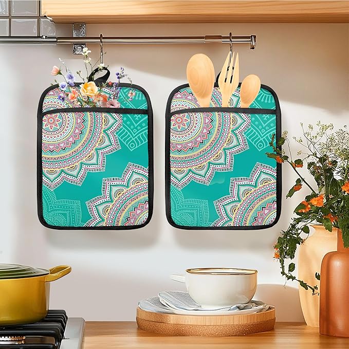 Turquoise Abstract Mandala Floral Pot Holders for Kitchen, Boho Colorful Ethnic Flower Botanical Heat Resistant Hot Pads and Oven Mitts for Baking Cooking，379 potholder - Image 2