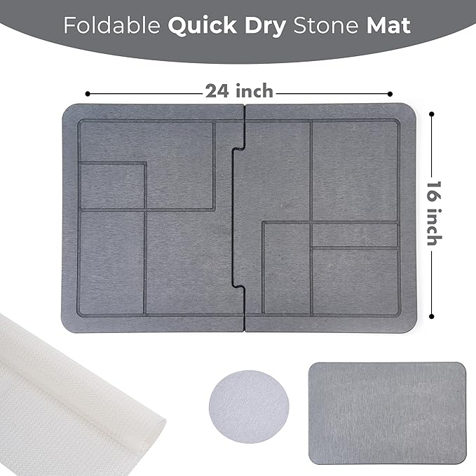 Large Stone Drying Mat for Kitchen Counter, Quick Dry Stone Dishes Mats, Stones Drying Mat for Kitchen Counter, Detachable Water Absorbing Diatomaceous Drying Mat (Dark Gray 24"×16" & 8"x4")
