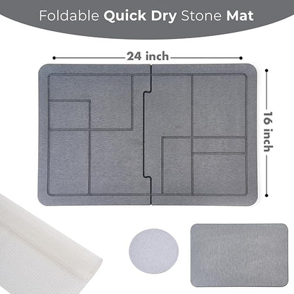 Large Stone Drying Mat for Kitchen Counter, Quick Dry Stone Dishes Mats, Stones Drying Mat for Kitchen Counter, Detachable Water Absorbing Diatomaceous Drying Mat (Dark Gray 24"×16" & 8"x4")