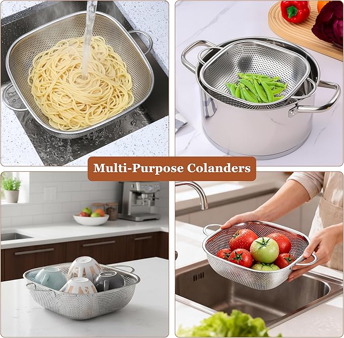 E-far 4QT Square Stainless Steel Colander - Metal Strainer with Handle for Draining Pasta & Vegetables, Micro-Perforated & Elevated Feet, Dishwasher Safe - Image 4