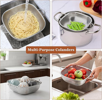 E-far 4QT Square Stainless Steel Colander - Metal Strainer with Handle for Draining Pasta & Vegetables, Micro-Perforated & Elevated Feet, Dishwasher Safe - Image 4