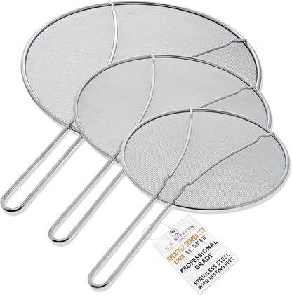 U.S. Kitchen Supply Set of 3 Stainless Steel Splatter Screen - 13", 11.5" & 9.5" Sizes - Fine Mesh Splatter Screen with Resting Feet Set, Grease Guard for Kitchen Pots and Pans by USKitchenSupply