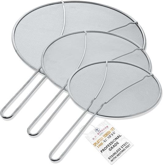 U.S. Kitchen Supply Set of 3 Stainless Steel Splatter Screen - 13", 11.5" & 9.5" Sizes - Fine Mesh Splatter Screen with Resting Feet Set, Grease Guard for Kitchen Pots and Pans by USKitchenSupply