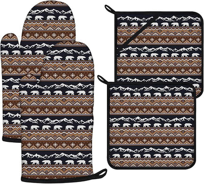 Vintage Rustic Bear Oven Mitts and Pot Holders Sets 4Pcs,Extra Long Oven Gloves Potholder for Kitchen Cooking Baking BBQ 100% Cotton Heat Resistant by VisittheDuibelproduct