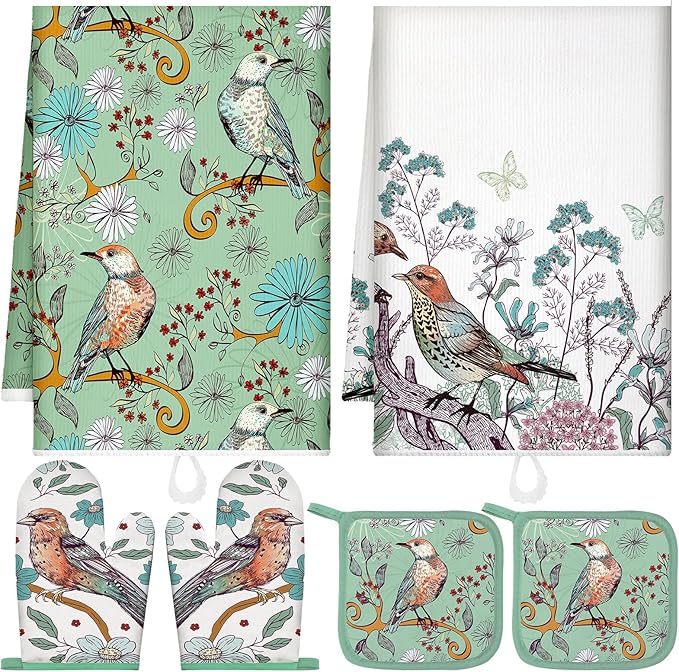 Leinuosen 6 Bird Flower Kitchen Towels Kitchen Decor and Accessories Set Floral Plant Oven Mitts and Pot Holders Sets Farmhouse Absorbent Dish Towels for Cooking Baking Grilling by Leinuosen