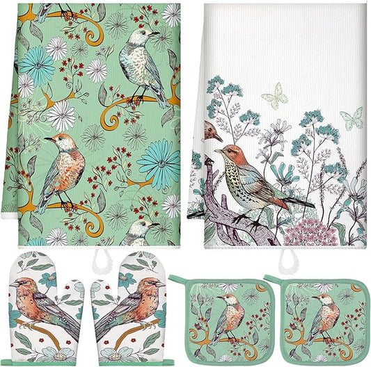 Leinuosen 6 Bird Flower Kitchen Towels Kitchen Decor and Accessories Set Floral Plant Oven Mitts and Pot Holders Sets Farmhouse Absorbent Dish Towels for Cooking Baking Grilling by Leinuosen
