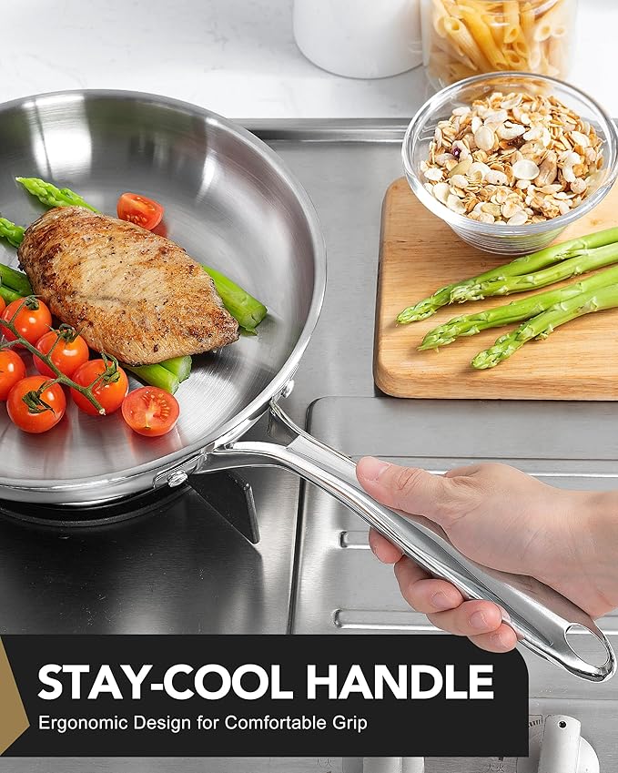 MICHELANGELO Stainless Steel Frying Pan Set with Lid, 8" 10" Cooking Pan set with Triply Base, Stainless Steel Skillet with Ergonomic Handle, Induction Compatible