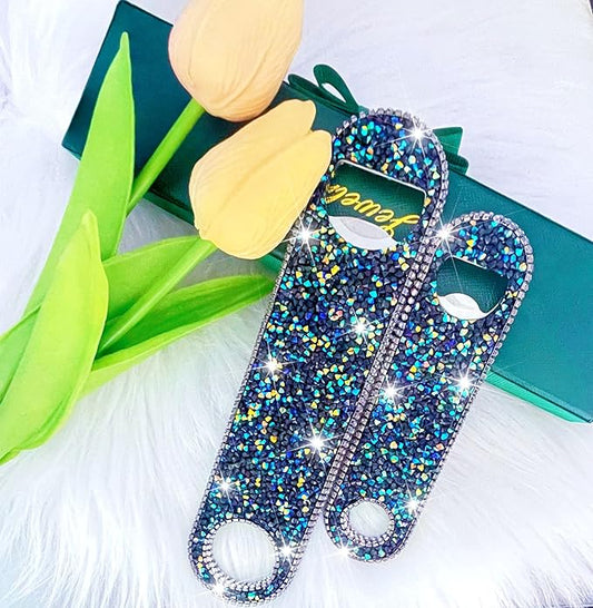 Bling Diamond Beer Opener Set - 2 Pcs Black Crystal Bottle Opener with Glitter Sparkle for Bartenders, Home, Party, Bar & Wedding - Handcrafted for Both Women & Men