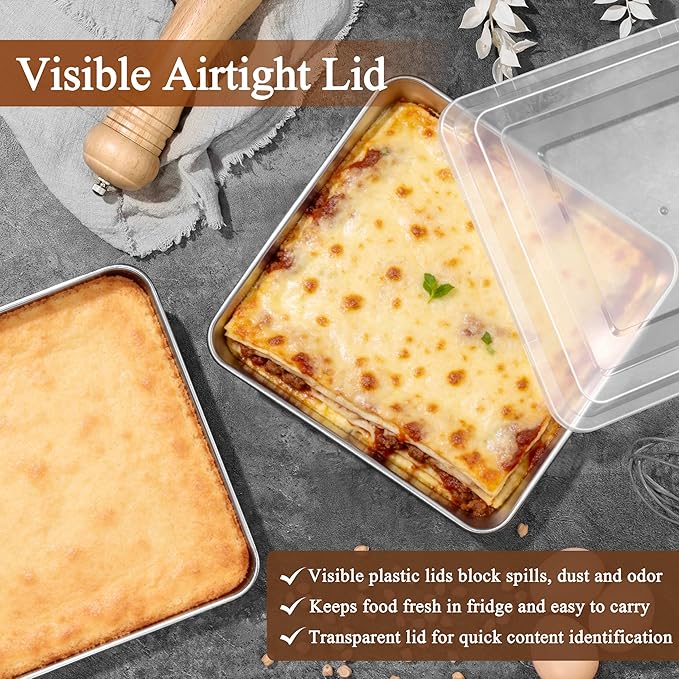 LIANYU 8 x 8 Square Baking Pan with Lid, 8 Inch Stainless Steel Cake Baking Pan Set of 2, Bread Cake Brownie Metal Bakeware Set, Heavy Duty & Dishwasher Safe (2 Pans + 2 Lids)