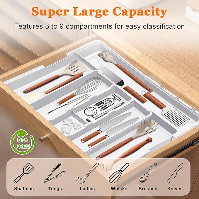 Spaclear Large Utensil Drawer Organizer Expandable Silverware Organizer for Kitchen Drawer Adjustable Cooking Utensil Holder Cutlery Flatware Tray Spatula Tools Gadgets Storage Dividers Plastic White - Image 2