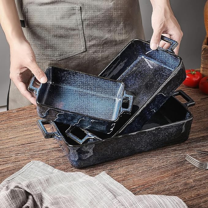 VICRAYS Ceramic Bakeware Set, Porcelain Rectangular Lasagna Pans Casserole Dish Set for Baking, Cooking, Kitchen, Cake Dinner, Banquet and Daily Use, 3 PCS, 15 x 8.5 Inches(Blue) - Image 3
