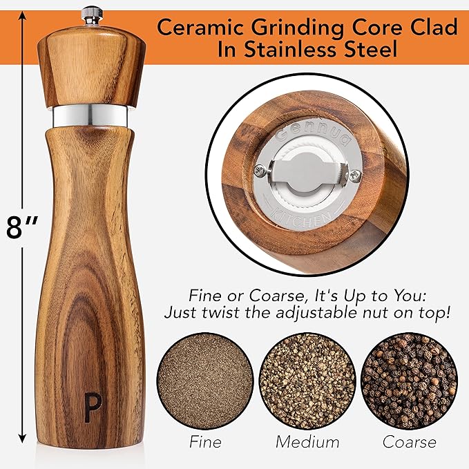 Gennua Kitchen Wooden Salt and Pepper Grinder Set: Refillable Salt & Pepper Mills Adjust for Customized Coarseness, Crafted of Solid Acacia Wood with Ceramic/Stainless Steel Core, 8 Inches Each - Image 5