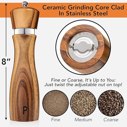 Gennua Kitchen Wooden Salt and Pepper Grinder Set: Refillable Salt & Pepper Mills Adjust for Customized Coarseness, Crafted of Solid Acacia Wood with Ceramic/Stainless Steel Core, 8 Inches Each - Image 5