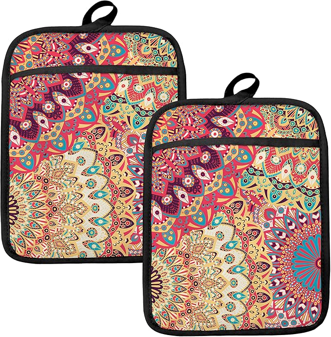 Colorful Abstract Mandala Floral Pot Holders for Kitchen, Boho Vibrant Ethnic Flower Botanical Heat Resistant Hot Pads and Oven Mitts for Baking Cooking by HUGANE