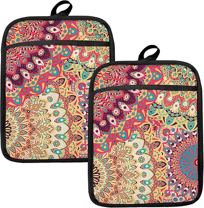 Colorful Abstract Mandala Floral Pot Holders for Kitchen, Boho Vibrant Ethnic Flower Botanical Heat Resistant Hot Pads and Oven Mitts for Baking Cooking by HUGANE