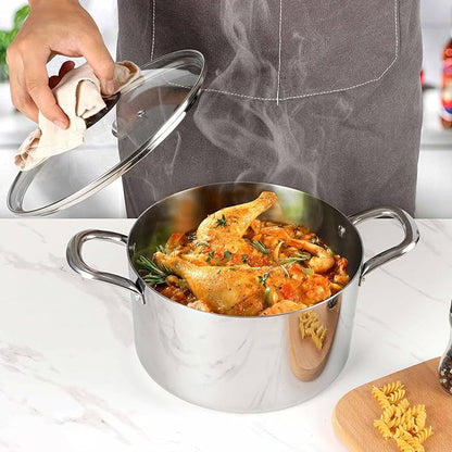 Herogo 4 Quart Stock Pot, 18/10 Stainless Steel Cooking Pot with Lid, Tri-Ply Pasta Stockpot with Handles, 4 QT Stockpot for Induction Gas Electric Stove, Dishwasher Safe