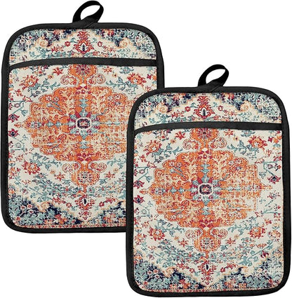 Rustic Vintage Boho Pot Holders for Kitchen, Abstract Orange Blue Boho Ethnic Floral Botanical Heat Resistant Hot Pads and Oven Mitts for Baking Cooking by HUGANE