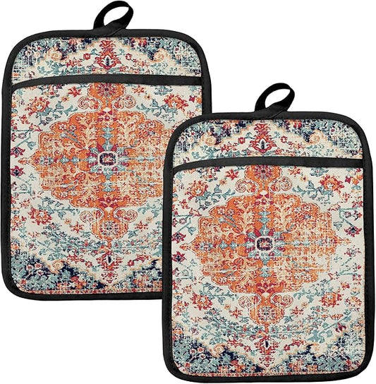 Rustic Vintage Boho Pot Holders for Kitchen, Abstract Orange Blue Boho Ethnic Floral Botanical Heat Resistant Hot Pads and Oven Mitts for Baking Cooking by HUGANE
