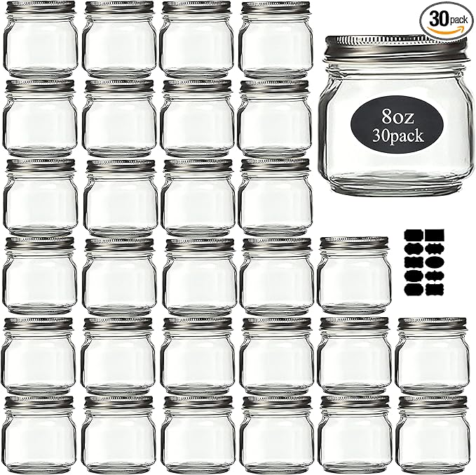 Mason Jars 8 oz 30 Pack- Small Mason Jars With Silver Lids -1/4 Quart Canning Jars| Storage Glass Jars With Lids For Jelly, Jam, Honey, Pickles - Spice Glass Jars - With 30 Chalkboard Labels by Rainforce