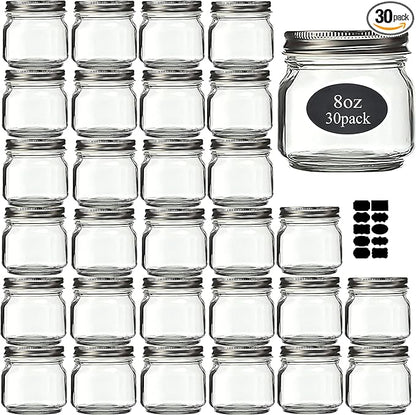 Mason Jars 8 oz 30 Pack- Small Mason Jars With Silver Lids -1/4 Quart Canning Jars| Storage Glass Jars With Lids For Jelly, Jam, Honey, Pickles - Spice Glass Jars - With 30 Chalkboard Labels by Rainforce