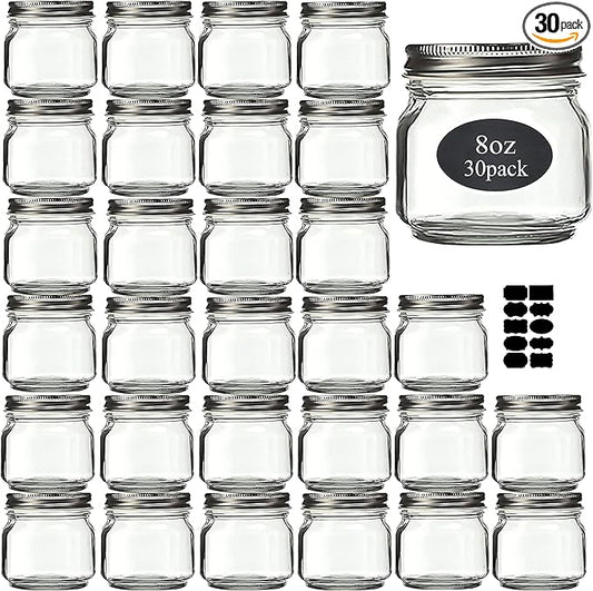 Mason Jars 8 oz 30 Pack- Small Mason Jars With Silver Lids -1/4 Quart Canning Jars| Storage Glass Jars With Lids For Jelly, Jam, Honey, Pickles - Spice Glass Jars - With 30 Chalkboard Labels by Rainforce
