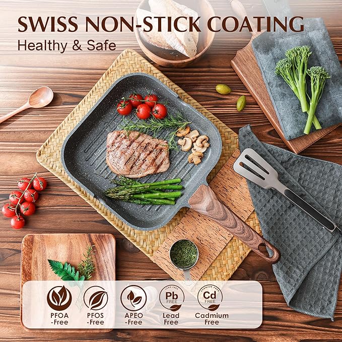 SENSARTE Nonstick Grill Pan for Stove Tops, Versatile Griddle with Pour Spouts, Square Big Cooking Surface, Durable Skillet Indoor & Outdoor Grilling. PFOA Free,12Inch - Image 2