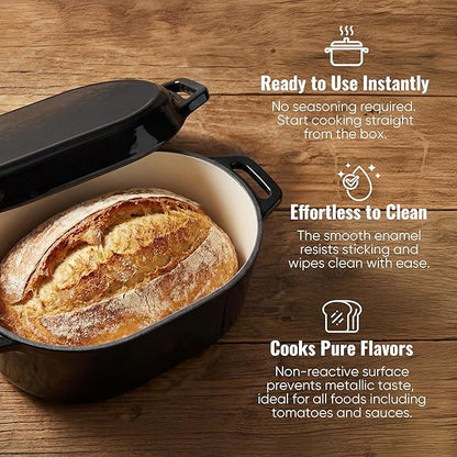 Dutch Oven for Bread Baking, 3.4 QT Bread Dutch Oven for Sourdough, Enamelled Cast Iron Bread Oven with Lids, Heavy-Duty Non Stick Sourdough Loaf Pan, Meatloaf Pan, Black