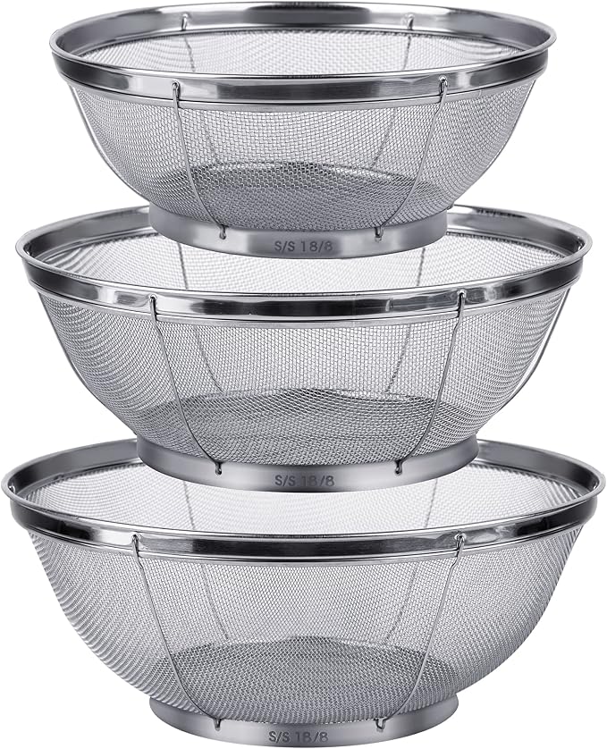 3 Pack Strainers for Kitchen, 18/8 Stainless Steel Colander, Fine Mesh Strainer for Pasta, Rice and Fruit, Sieve for Strain, Drain, Rinse or Steam (5-Quart, 4-Quart and 3-Quart) by Tiawudi