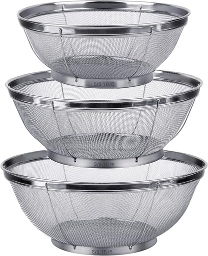 3 Pack Strainers for Kitchen, 18/8 Stainless Steel Colander, Fine Mesh Strainer for Pasta, Rice and Fruit, Sieve for Strain, Drain, Rinse or Steam (5-Quart, 4-Quart and 3-Quart) by Tiawudi