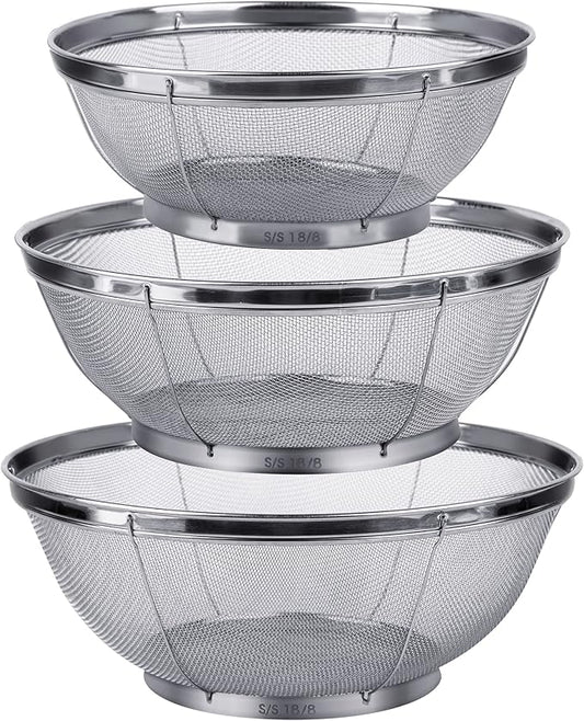 3 Pack Strainers for Kitchen, 18/8 Stainless Steel Colander, Fine Mesh Strainer for Pasta, Rice and Fruit, Sieve for Strain, Drain, Rinse or Steam (5-Quart, 4-Quart and 3-Quart) by Tiawudi