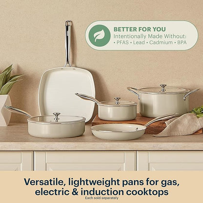 Pyrex 7.7-Inch Saucepan Ceramic Cookware with Lid & Stainless Steel Handles, Healthy Nonstick Ceramic Coating, Induction Compatible Stainless Steel, PFAS Lead Cadmium BPA Free