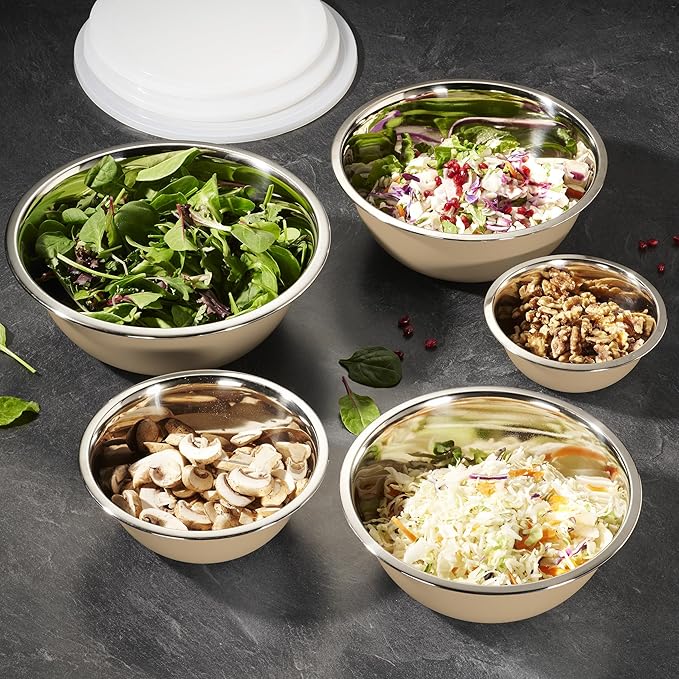 WHYSKO Stainless Steel Mixing Bowl Set, 10 Piece Stainless Steel Mixing Bowls with Lids Set for Food Prep Storage and Serving, Dishwasher Safe for Kitchen Baking Cooking, Khaki - Image 4