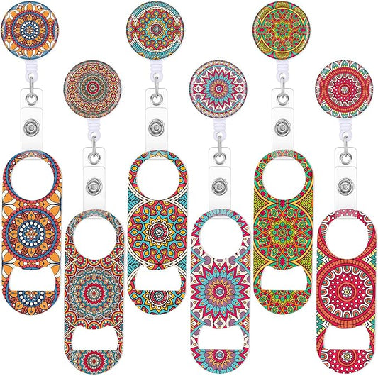 Irenare 6 Pcs Flat Bottle Openers Retractable Bar Keys for Bartenders Stainless Steel Beer Bottle Opener with Belt Clip and Round Badge Reel Bartender Gifts for Women Men(Mandala Style)