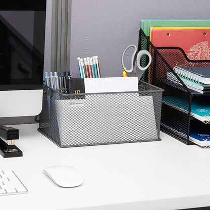 Mind Reader Multi-purpose Storage Caddy with Handle, Desktop Organizer, Cutlery Holder, 4 Compartments, Metal Mesh, Gray - Image 2