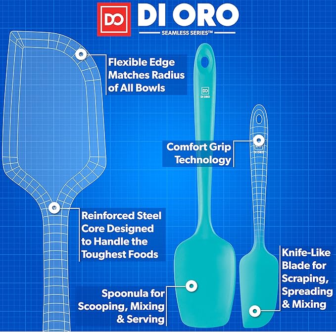 DI ORO Silicone Spatula Set - Rubber Kitchen Spatulas for Baking, Cooking, & Mixing - 600°F Heat-Resistant & BPA Free Silicone Scraper Spatulas for Nonstick Cookware - Dishwasher Safe (3pc, Teal) - Image 4